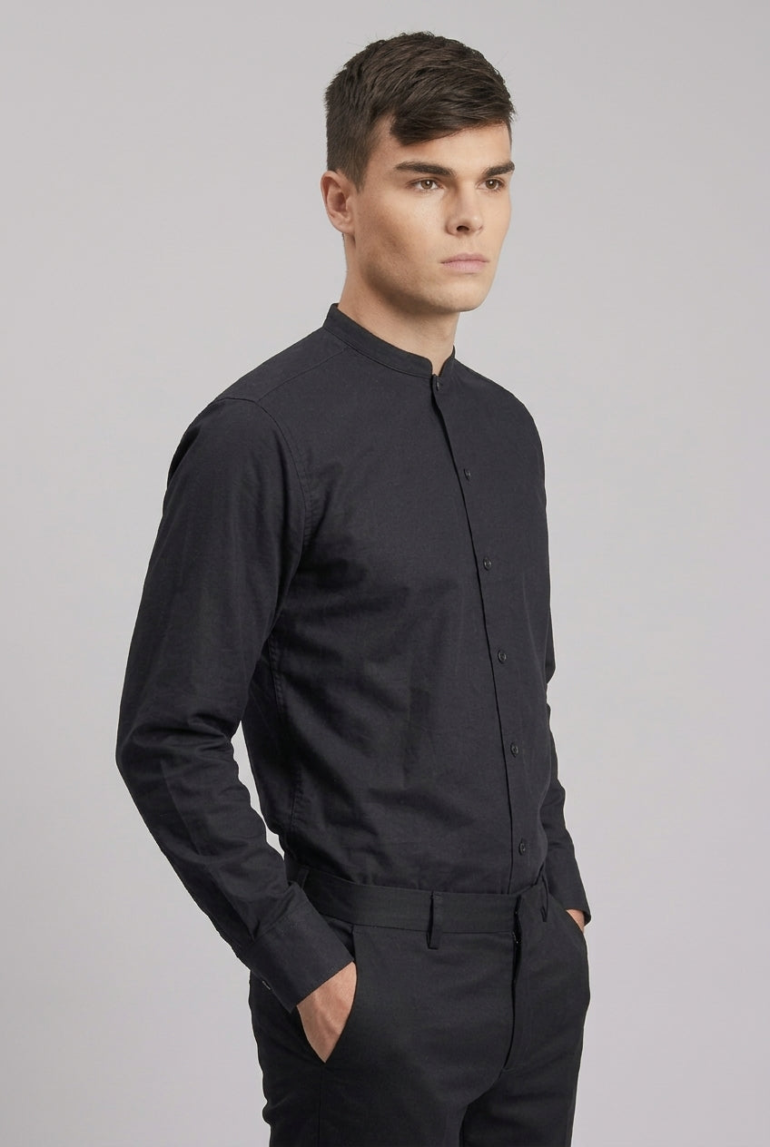 Camisa Oxford cuello Mao M/L Negra Hombre